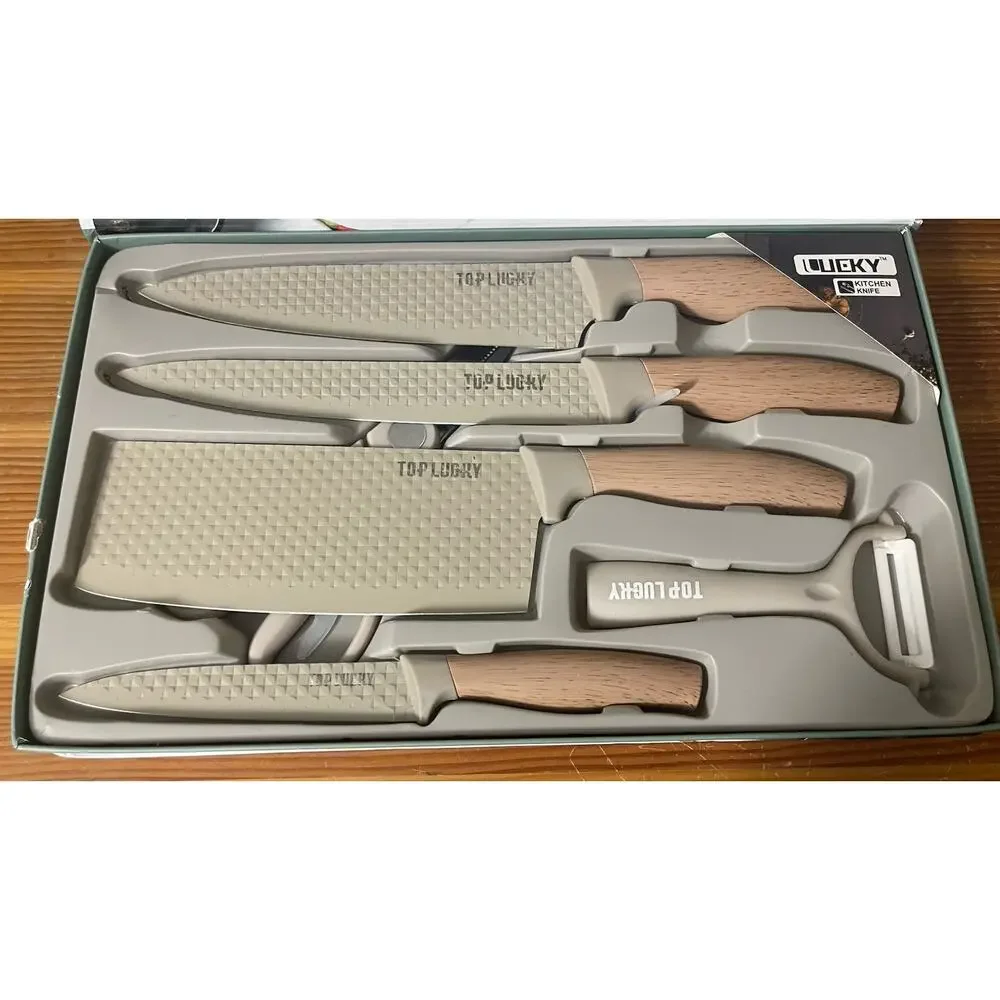 Top Lucky LK806 6 Piece Kitchen Knife Set Khaki Textured Blades Gift Box